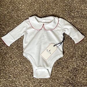 NWT Classic Prep Long Sleeve Izzy Onesie. Bright White with Crimson Ric Rac.